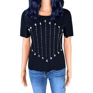 Vintage Christina Rotelli Black Stretchy Short Sleeve Embroidered Top Size Large